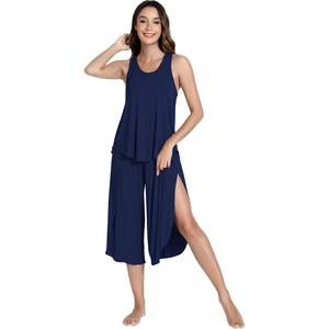 Ensemble de pyjama décontracté 2 pièces en viscose de bambou pour femme, débardeur dos nageur et pantalon capri sans manches, doux et confortable - Product Image 1