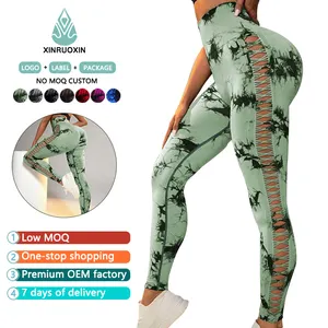 Logo personnalisé Activewear Pantalons de yoga Collants d'entraînement Taille haute pour femmes Tie Dye Évider sans couture Scrunch Butt Leggings pour les femmes