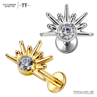 Piercing de corps en titane ASTM F136 G23 plaqué or, avec zircone cubique ronde motif soleil, à filetage interne, pour cartilage d'oreille et hélix