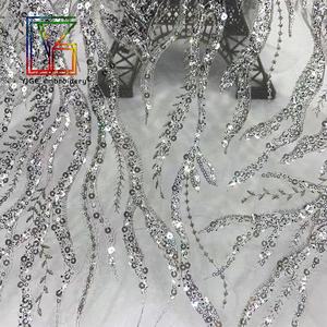 새로운 고급 프랑스산 실버 웨딩 신부용 유리 비즈 레이스와 스팽글 자수 튤 레이스 드레스 원단 - Product Image 2