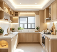 Ensemble d'armoires de cuisine en bois naturel moderne avec étagères ouvertes incurvées et éclairage LED pour la rénovation de la cuisine à domicile