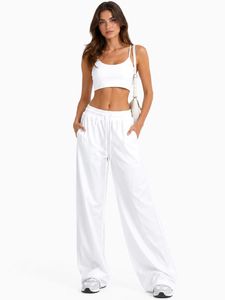 Pantaloni da yoga a vita alta bianchi a tinta unita, lunghezza intera, con elastico in vita e coulisse, abbigliamento sportivo da donna - Product Image 1