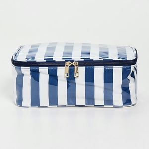 Women's Navy Blue Striped Cotton Canvas Reusable Eco-Friendly Zip Portable Travel Storage <b>Organizer</b> <b>Cosmetic</b> Bag Practical - Product Image 1