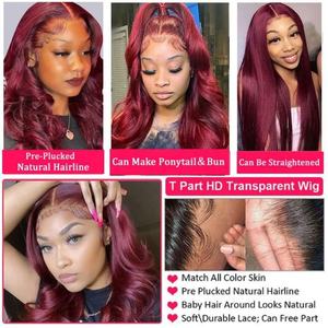 Perruque à dentelle frontale 180% de densité HD transparente, rouge bordeaux 99J, cheveux vierges Remy brésiliens longs pour femmes noires - Product Image 4