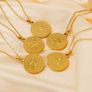 Collares con Colgante del Zodiaco <span class=keywords><strong>de</strong></span> 12 Meses, Estilo Moderno, Forma <span class=keywords><strong>de</strong></span> Moneda Redonda, Acero Inoxidable, Chapado en Oro <span class=keywords><strong>de</strong></span> 18k, para Mujeres y Hombres - Product Image 1