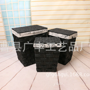 Woven <b>Storage</b> Baskets <b>With</b> Lids Black Household <b>Stool</b> Ottoman For Home Use - Product Image 1