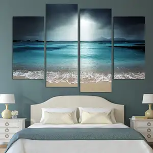 框 4 件现代墙艺家居装饰画油画版画图片海的景观海滩