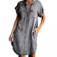 S-5XL nouvelle mode femmes Denim chemise robes revers bouton à manches courtes couleur unie Europe Style décontracté Midi longueur robe