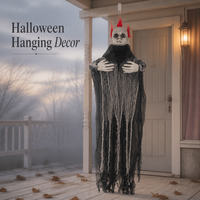 SIPKLR 47'' Fantôme squelette suspendu d'Halloween avec cheveux rouges style punk, accessoire effrayant pour la décoration extérieure de jardin et de maison hantée