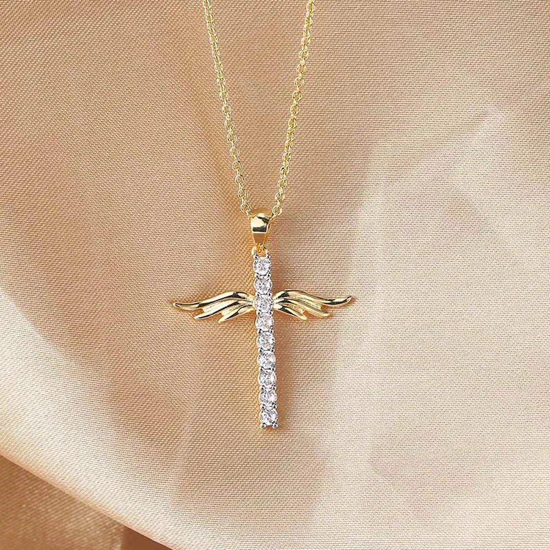 2021 Fashion 18K Gold Plated Zircon Cross Christian Prayer Angel Wing Cross Necklace Non Tarnish Jewelry Vendors For Girls
