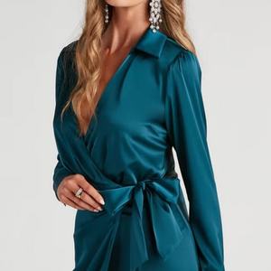 Vestido de Noche Sexy para Fiesta, Escote en V Profundo, Cinturón, Cuello Vuelto, Manga Larga Elástica de Satén, Vestidos Modestos Fruncidos para Mujer - Product Image 3