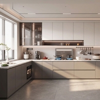 Cuisine îlot sur mesure avec plan de travail en quartz artificiel et corps en contreplaqué pour villa et appartement