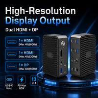 Base de Conexión USB-C 13 en 1 con 2 Puertos 4K, 1 Puerto DP 4K, 2 Puertos USB 10Gbps, 3 Puertos USB 5Gbps, LAN Gigabit, Ranuras TF/SD, Audio, 20W PD, Alimentación por CC