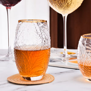 Vaso Highball Samyo Personalizado con Diseño de Hojas Vintage en Relieve y Borde Dorado para Jugo, Agua y Bebidas - Product Image 1