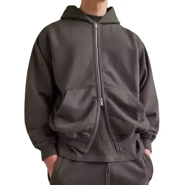 เสื้อแจ็คเก็ตแบบมีฮู้ดสำหรับผู้ชายเสื้อมีซิปแบบสวมหัวมีซิปรูดแบบคู่โลโก้ออกแบบได้ตามต้องการ