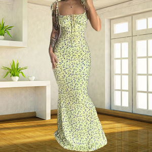 Hugcitar Ruffle estampado Floral sin mangas espalda descubierta Slip drapeado Midi vestido Sexy ajustado 2023 verano traje Streetwear Party Club Y2K - Product Image 1