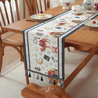 Chemin de table Ramadan en polyester, jacquard tissé, motif étoiles et chameaux, avec pompons, style château, également nappe et chemin de lit