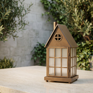 Wholesale Trending Style Home Decorative <b>Copper</b> Antique Metal House Shape Candle Holder <b>Lantern</b> with Frost Glass - Product Image 5