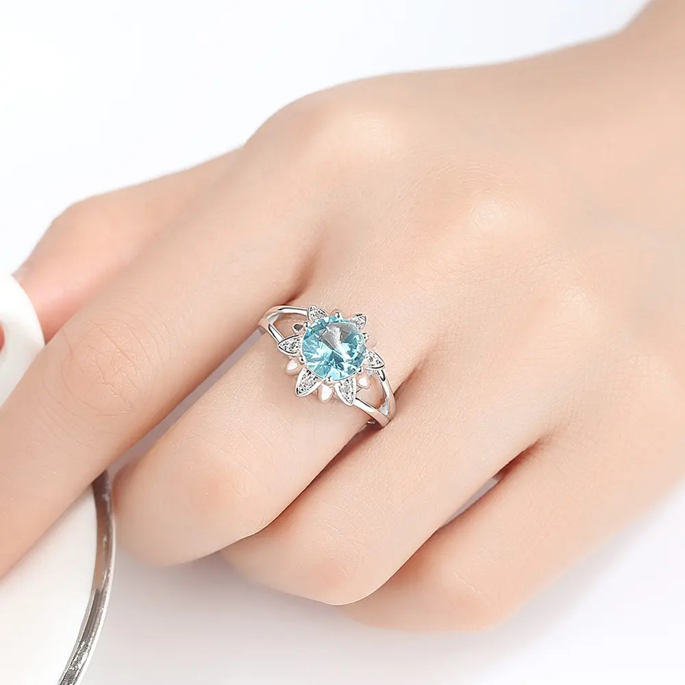 PUSHI jewelry kyanite hexagon simple vintage blue zircon ring flower wedding band engagement rings for girl jewelry