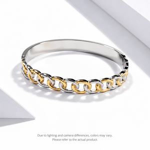 Bracelet jonc à maillons bicolore, design or et argent avec intérieur argenté, en acier inoxydable - Product Image 1