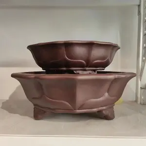 Lotus shape unglazed antique bonsai pot