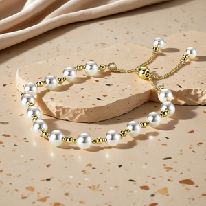 Pulseras <span class=keywords><strong>de</strong></span> Perlas Chapadas en <span class=keywords><strong>Oro</strong></span> <span class=keywords><strong>de</strong></span> <span class=keywords><strong>18k</strong></span> al por Mayor, con Cuentas Blancas <span class=keywords><strong>de</strong></span> Aleación y Espaciadores Dorados, Cadena Ajustable para Mujeres y Niñas - Product Image 4