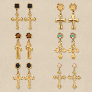 Luxury Stainless Steel Cross Drop Earrings for Women Retro Natural Stone Inlaid Stud Earrings Opal Fashion <strong>High</strong>-<strong>End</strong> <strong>Jewelry</strong> - Product Image 1