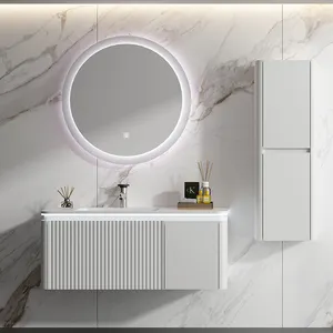 New Design Solid Wood Round Corner Plywood Body 1 Drawer White Painting Led Mirror Modern Bathroom Vanity Cabinets