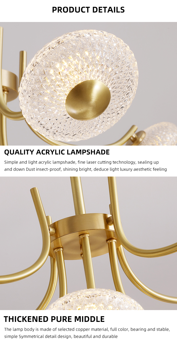 Vintage Decorative Led Acrylic Gold Ceiling Modern Led Pendant Chandelier Lamp