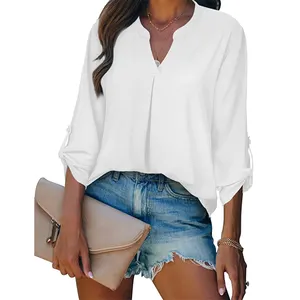 2023 New Arrival Hot Selling Wholesale Solid Chiffon Women's Clothing Elegant Blouse Summer V-neck Long-sleeved Casual Tops