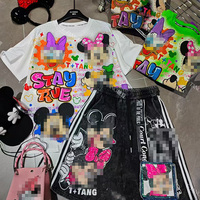 Ensemble décontracté pour filles, t-shirt surdimensionné rose vif à imprimé cartoon et short à cordon de serrage, 100% coton, style hip hop