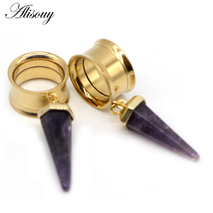 Alisouy 2 piezas de acero inoxidable ópalo púrpura piedra colgante oreja túnel expansor medidores cono internamente hilo Piercing cuerpo joyería - Product Image 5