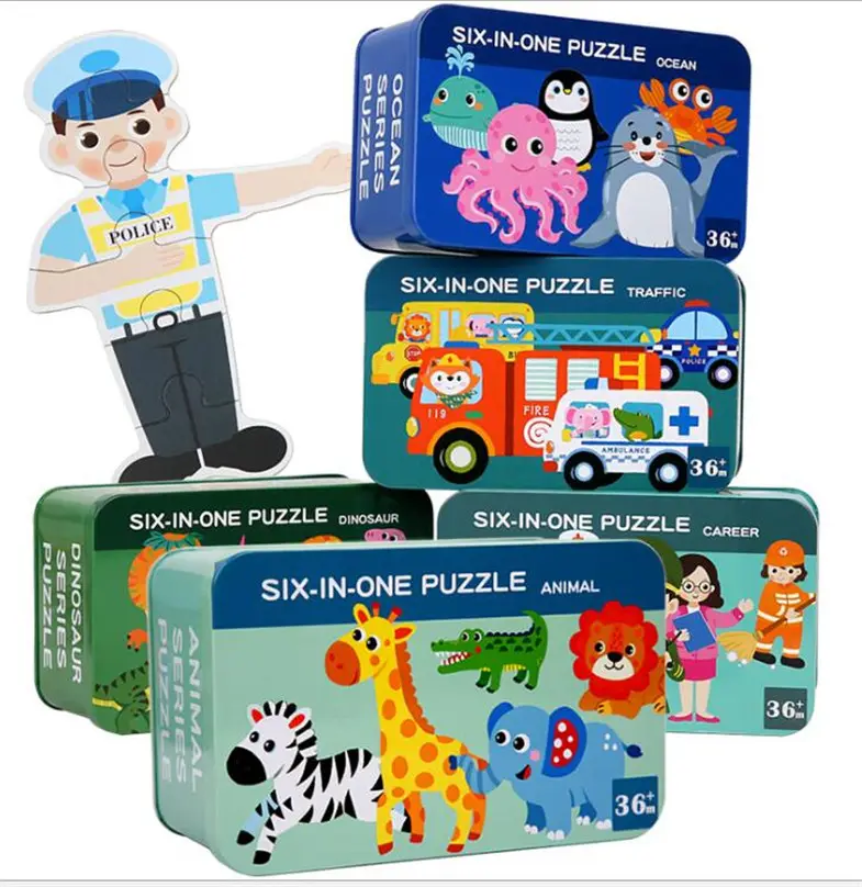 Children's animal transport character six-in-one puzzle travel iron boxed cube wooden education toys