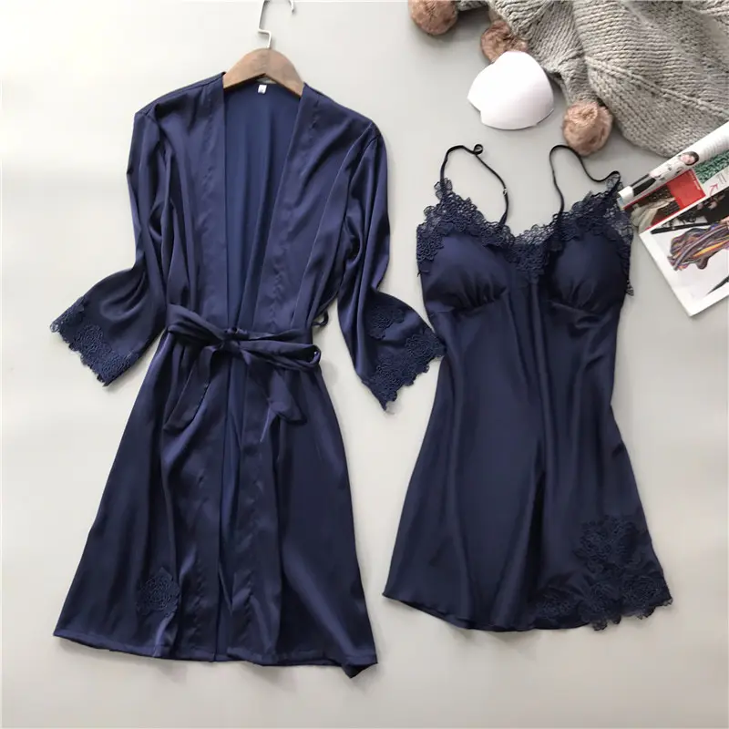 2 piece set sexy nightwear Satin Lace Night Dress women Robes set Cami Night Dress ladies