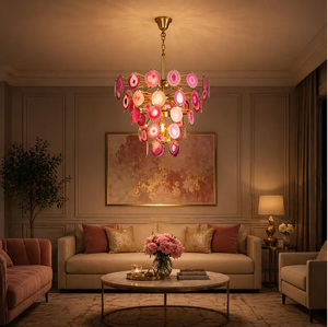 Lámpara Colgante LED de Lujo, Estilo Sputnik, de Ágata Rosa y Latón Dorado, Altura Ajustable, para Sala de Estar, 8 Luces, Forma Redonda - Product Image 1