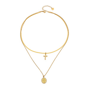Collier Bohème pour Femme en Acier Inoxydable Double Couche avec Croix Incrustée de Zircons, Chaîne Lame Tendance Luxe Léger - Product Image 5