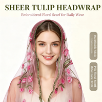 Hijab châle brodé de fleurs de tulipes, 180 cm de long, bordure en dentelle festonnée, protection solaire, multi-usages, écharpe de voyage pour femmes musulmanes