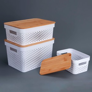 <b>Storage</b> <b>Baskets</b> <b>Rectangle</b> Plastic With Bamboo Lid Stackable For Neatening <b>Storage</b> - Product Image 2