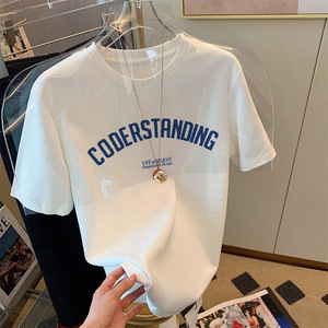 T-shirt a maniche corte in seta ghiaccio pesante, stampa lettere bianche, vestibilità ampia, trendy, versatile, unisex, per coppie, top casual estivo - Product Image 3