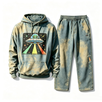 Ensemble sweat à capuche et pantalon de survêtement vintage délavé avec logo personnalisé B2B, motif UFO, pour homme, style streetwear rétro, effet délavé à l'acide, vente en gros OEM