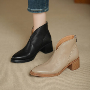 Bottines en cuir véritable légères, imperméables, à talon carré, style rétro, bouche en V, fermeture éclair arrière, pour le loisir et la mode - Product Image 4