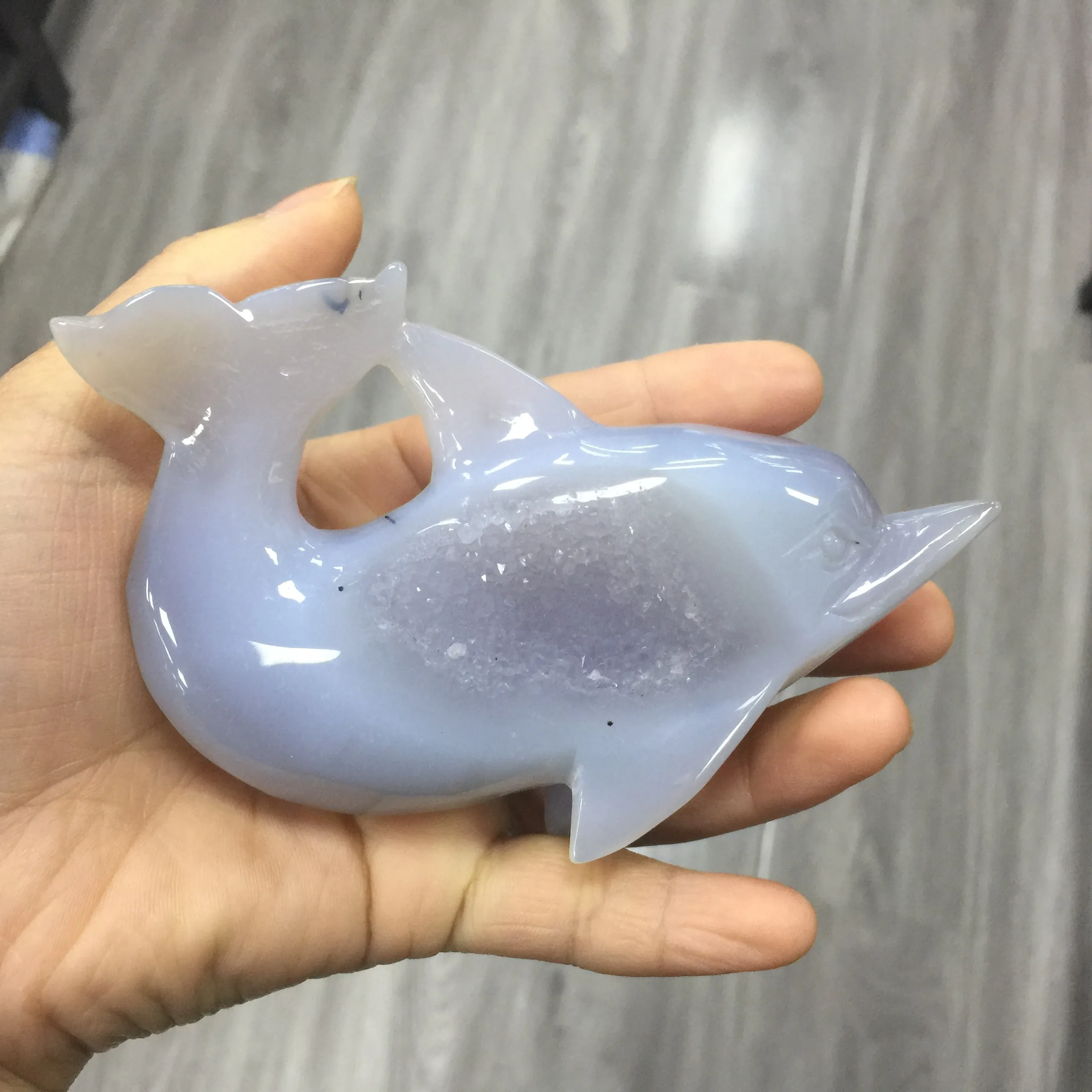 Hand carving natural agate druzy animal healing agate geode dolphin for home decora