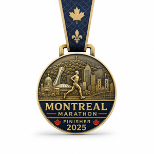 Medalla de finalista personalizada de aleación de zinc 3D dorada para el Maratón de Montreal, medallas de premio de atletismo con hoja de arce del Estadio Olímpico y cinta azul - Product Image 1