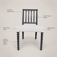 Chaise de salle à manger Bobbin en bois de frêne massif, assise et dossier rembourrés en lin, tiges tournées, style français, personnalisable pour restaurant