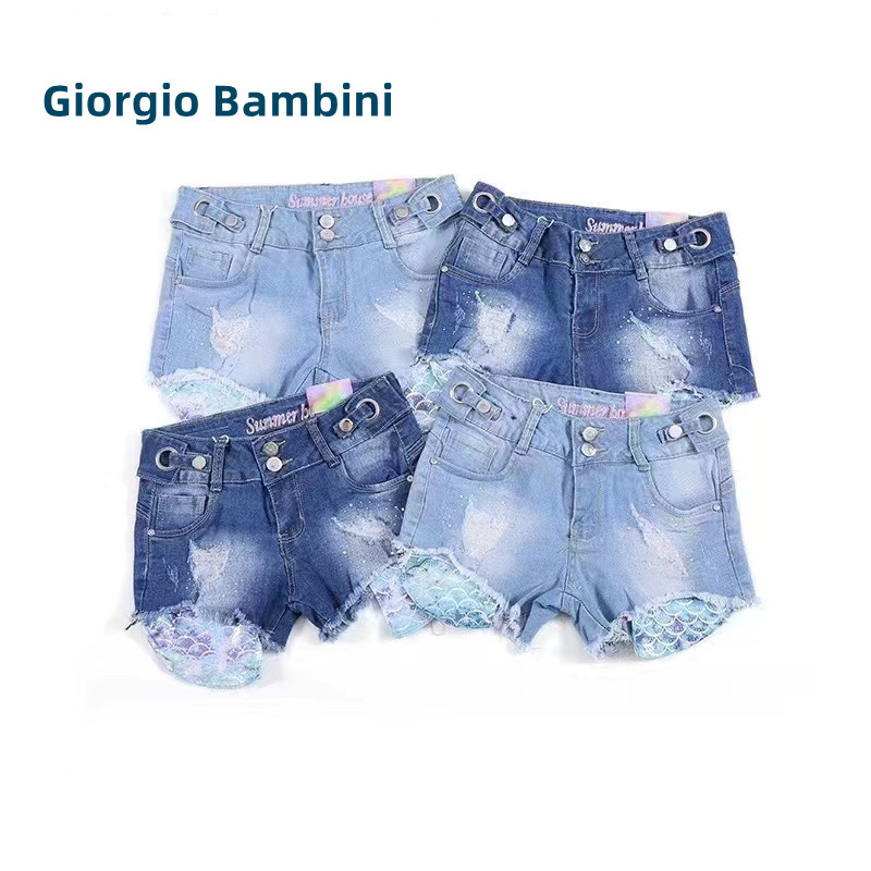 Giorgio Bambini 2023 летние новые стильные брюки для девочек пэчворк модные детские шорты с кристаллами и рваные короткие джинсы для девочек
