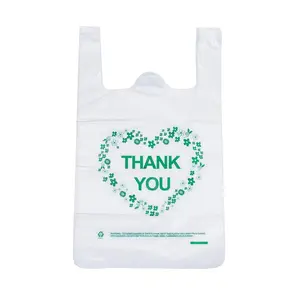 Logotipo de impresión personalizado Compostable Gracias Camiseta Bolsa de compras Supermercado Bolsa de compras