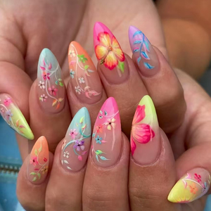 Faux <span class=keywords><strong>ongles</strong></span> à presser floraux <span class=keywords><strong>pastel</strong></span> - <span class=keywords><strong>Ongles</strong></span> nude ombrés en amande avec motifs de fleurs <span class=keywords><strong>et</strong></span> de feuilles dessinés à la main, manucure quotidienne printanière - Product Image 2