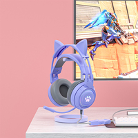 Headphone berkabel RGB lampu latar, headphone telinga kucing lucu dengan mikrofon berkabel untuk anak dan anak perempuan