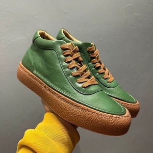 Genuine Leather High-<b>Top</b> Sneakers Men Mid-Heel Thick Sole Casual Shoes Retro Cowhide <b>Walking</b> Style Green Brown Lace-Up - Product Image 4