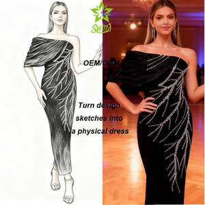 Abito da sera lungo nero aderente su misura, decorato con strass e diamanti, con servizio di campionatura rapida per feste - Product Image 1